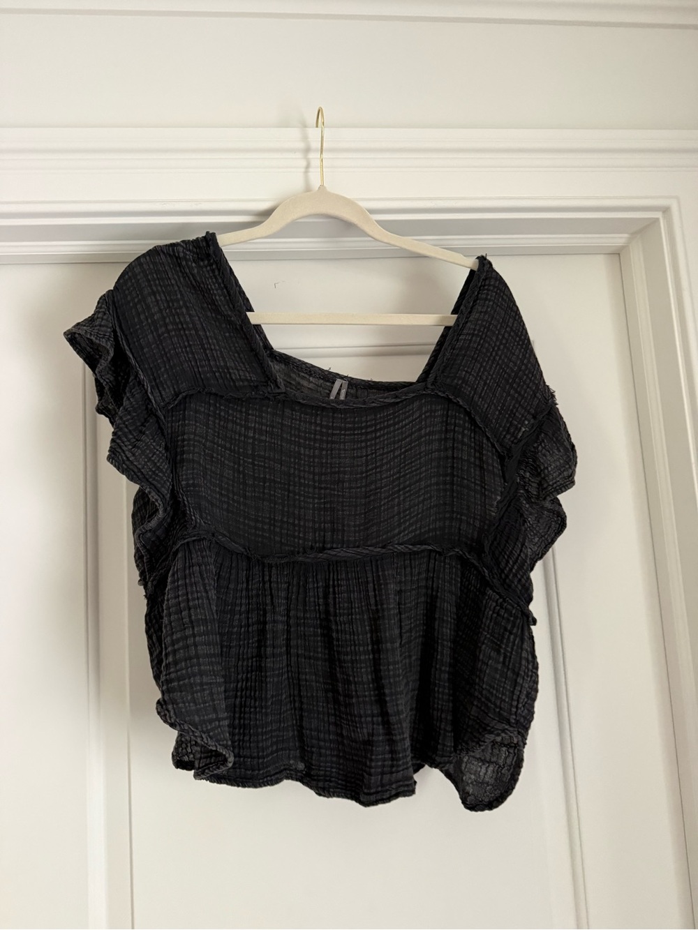 Anthropologie Black Ruffled Square-Neck Blouse